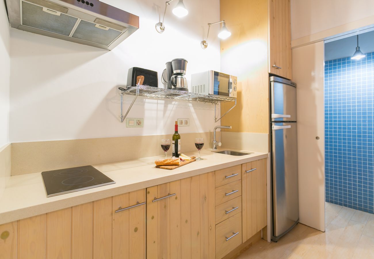Cuisine basique avec plaque vitrocéramique dans un appartement près de la plage de la Barceloneta